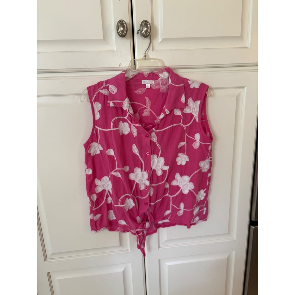 Cabana Cay Pink Floral Embroidered Sleeveless Tie Front Cotton Blouse Womens L